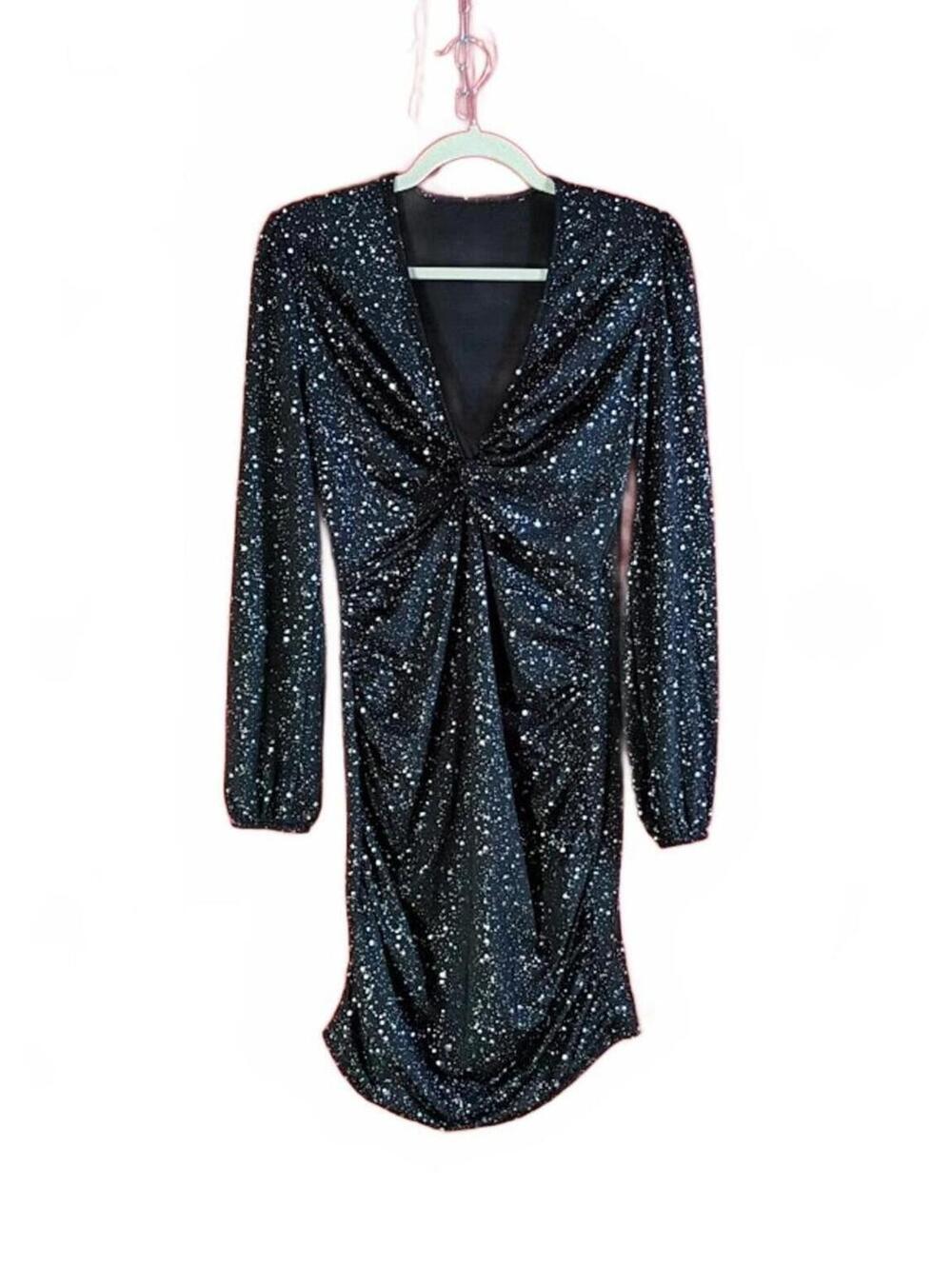 Shein Black Long Sleeve V-Neck Dress with Silver Speckle Pattern Size M